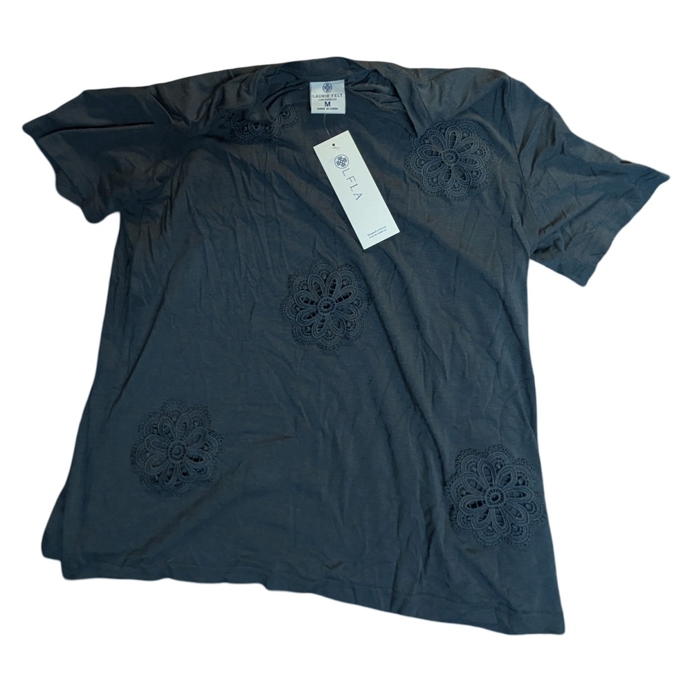 Laurie Felt Los Angeles Guipure Lace Applique Top dark grey Medium NEW